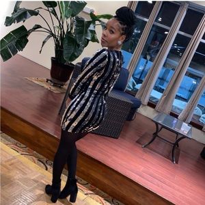 Gorgeous Sequin Rose Gold and Black Velvet Striped Long Sleeve Mini Dress Small